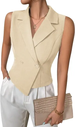 2025 Womens Sleeveless Blazer Vest Lightweight Cropped Double Breasted Casual Fashion Work Jacket