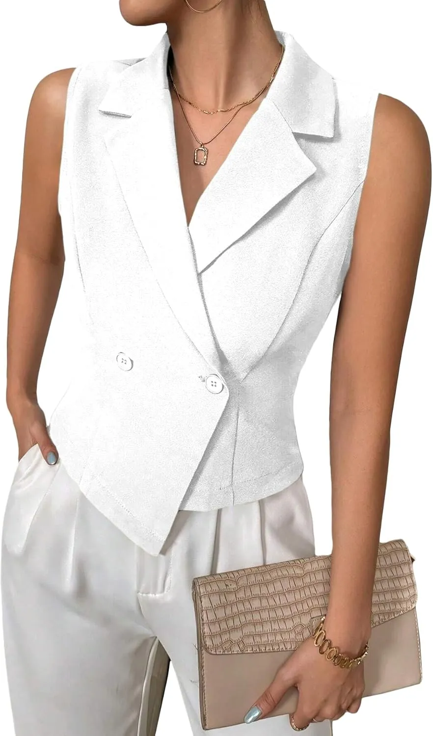 2025 Womens Sleeveless Blazer Vest Lightweight Cropped Double Breasted Casual Fashion Work Jacket