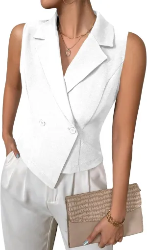 2025 Womens Sleeveless Blazer Vest Lightweight Cropped Double Breasted Casual Fashion Work Jacket