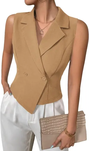 2025 Womens Sleeveless Blazer Vest Lightweight Cropped Double Breasted Casual Fashion Work Jacket