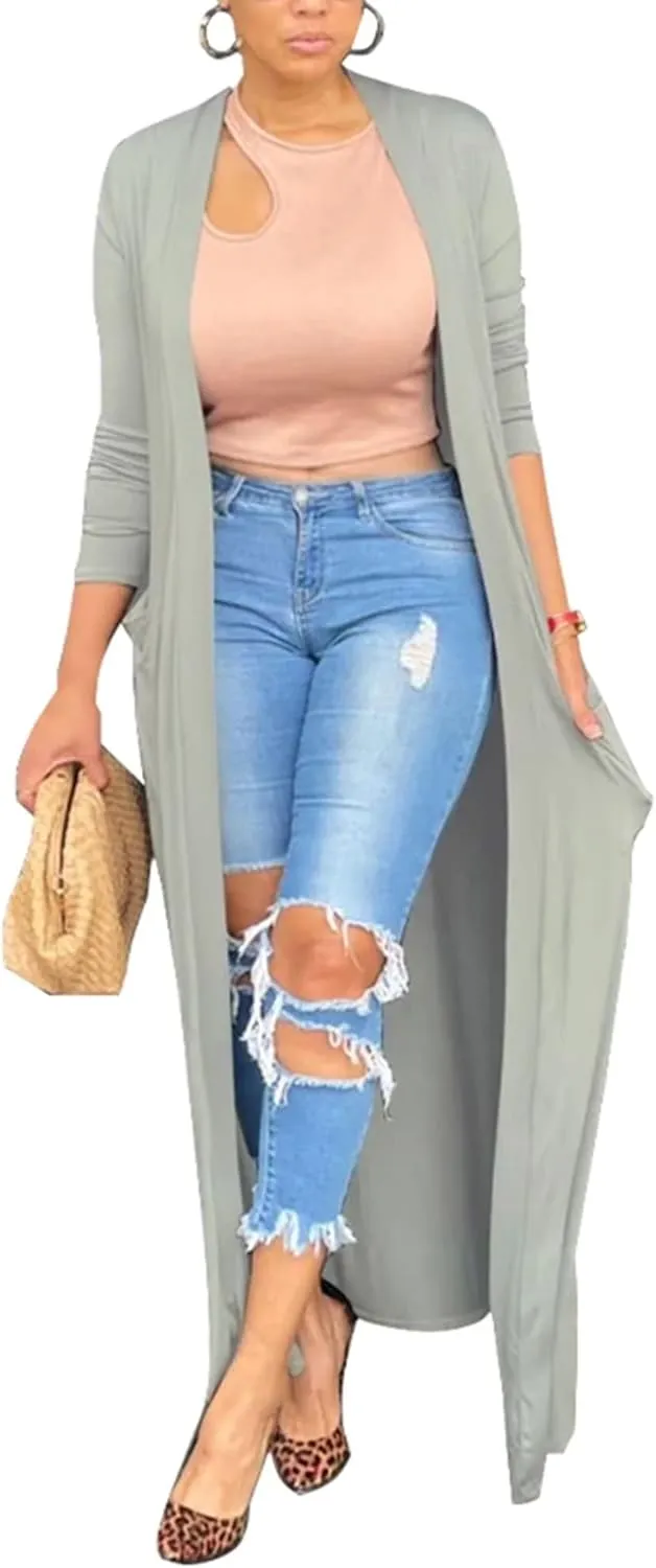 Adogirl Women's Long Sleeve Lightweight Soft Cover Ups Outerwear Casual Open Front Maxi Drape Cardigans with Pockets