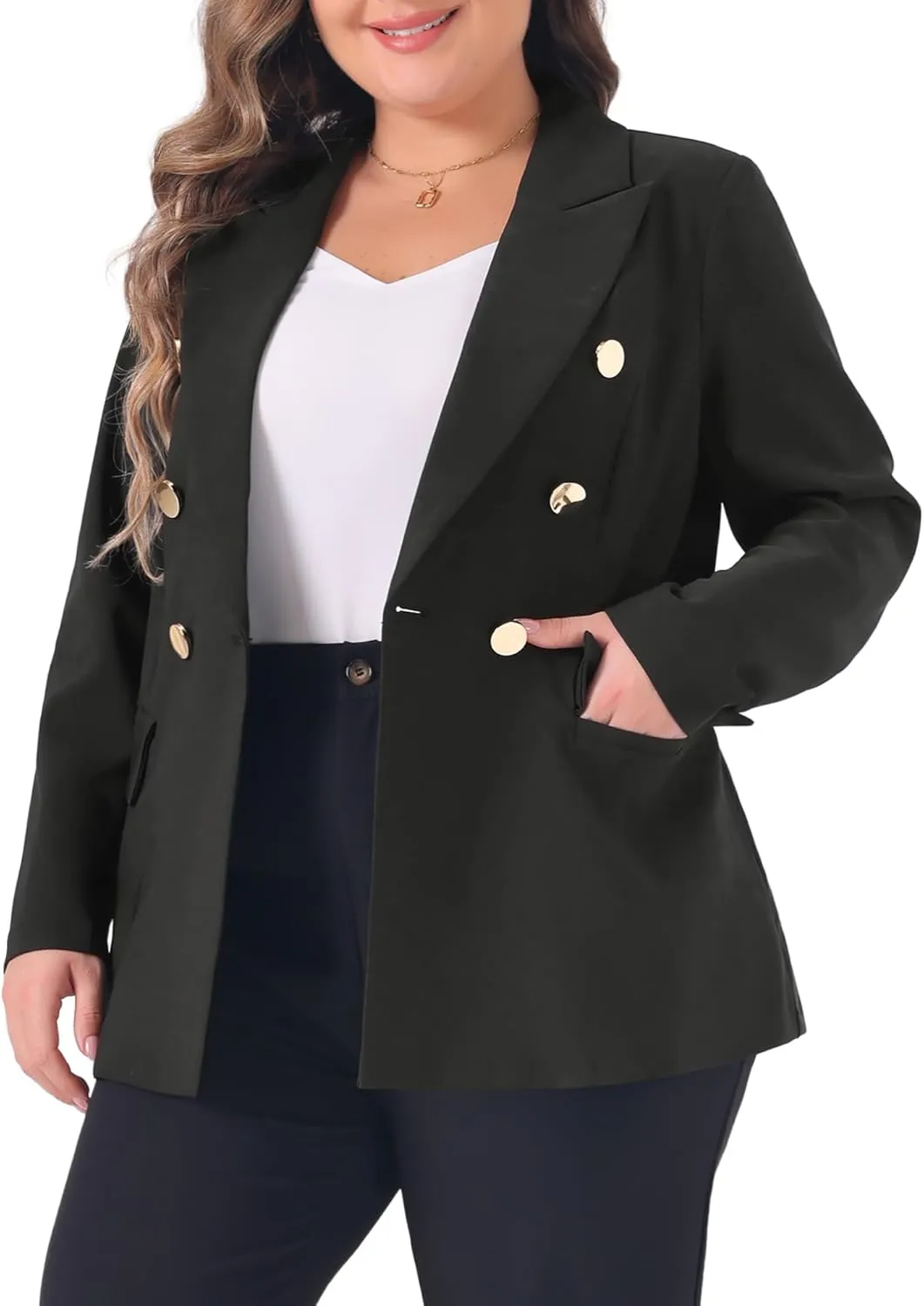 Agnes Orinda Plus Size Blazers for Women Notch Lapel Double Breasted Long Sleeve Office Work Blazer