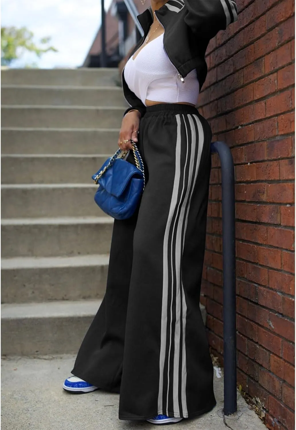 Angsuttc Sweatsuits Women 2 Piece Outfit Striped Tracksuit Long Sleeve Cropped Jacket and Wide Leg Pants Set