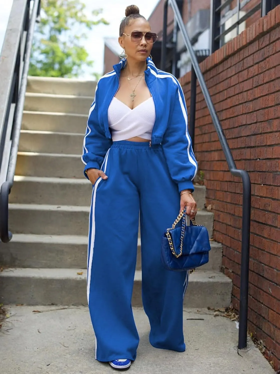 Angsuttc Sweatsuits Women 2 Piece Outfit Striped Tracksuit Long Sleeve Cropped Jacket and Wide Leg Pants Set
