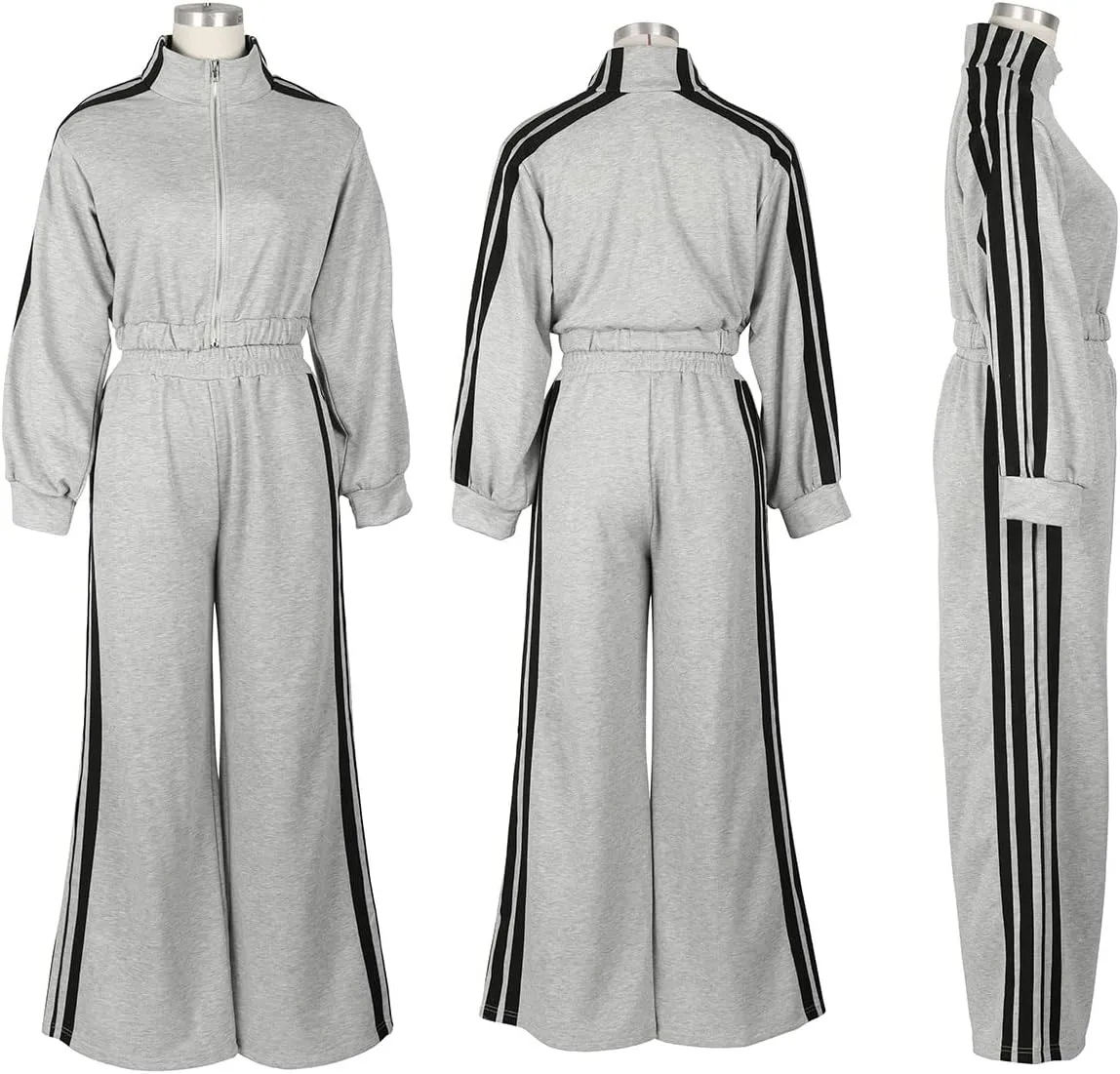 Angsuttc Sweatsuits Women 2 Piece Outfit Striped Tracksuit Long Sleeve Cropped Jacket and Wide Leg Pants Set
