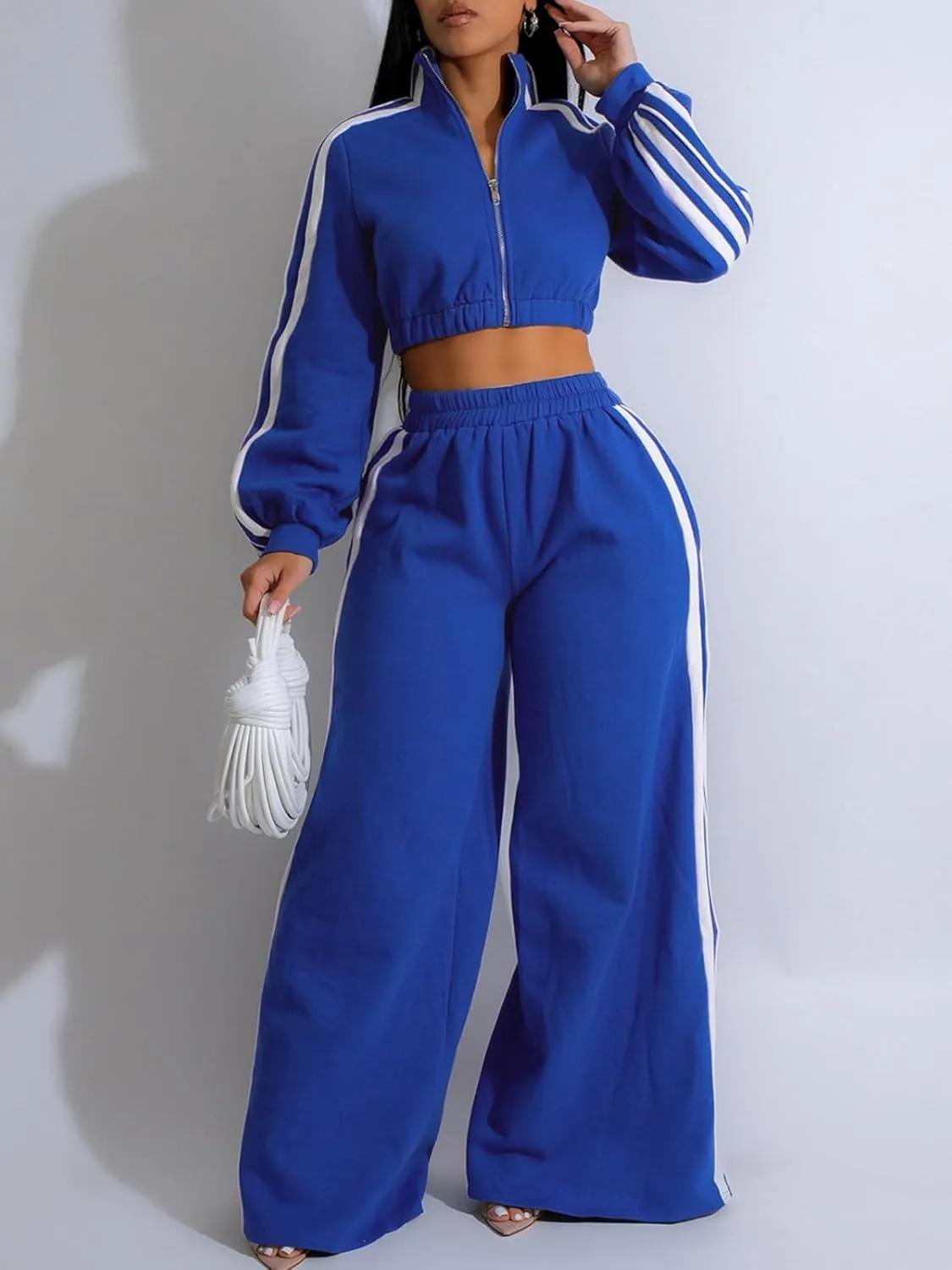 Angsuttc Sweatsuits Women 2 Piece Outfit Striped Tracksuit Long Sleeve Cropped Jacket and Wide Leg Pants Set