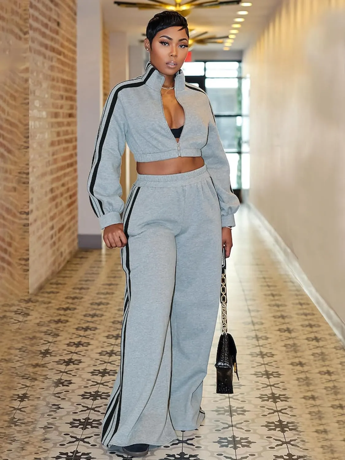 Angsuttc Sweatsuits Women 2 Piece Outfit Striped Tracksuit Long Sleeve Cropped Jacket and Wide Leg Pants Set