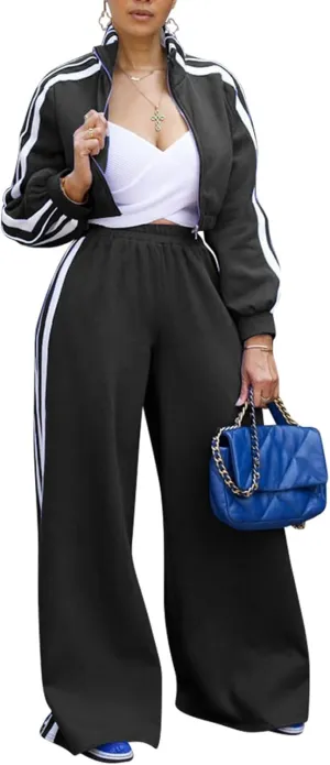 Angsuttc Sweatsuits Women 2 Piece Outfit Striped Tracksuit Long Sleeve Cropped Jacket and Wide Leg Pants Set