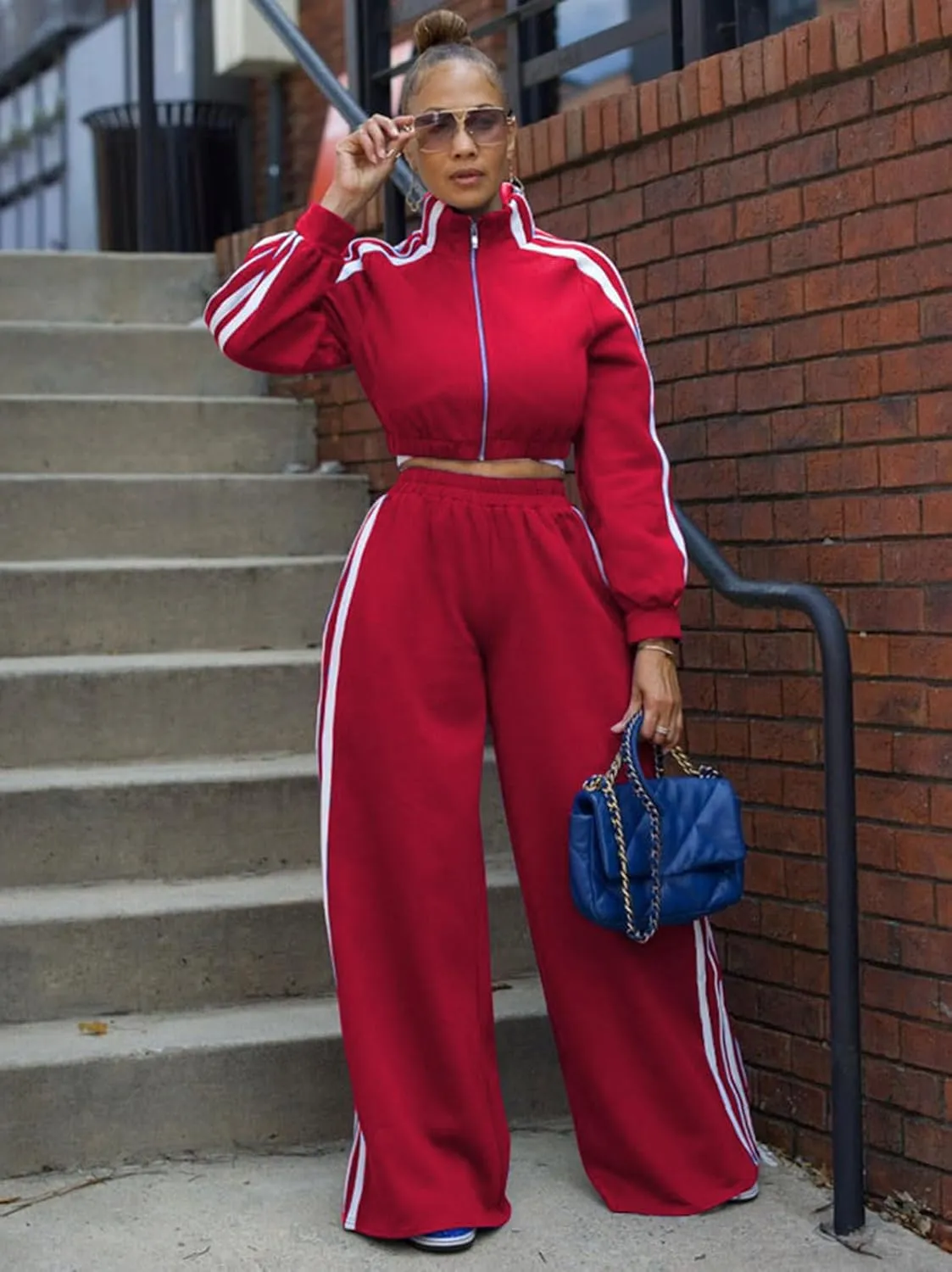 Angsuttc Sweatsuits Women 2 Piece Outfit Striped Tracksuit Long Sleeve Cropped Jacket and Wide Leg Pants Set
