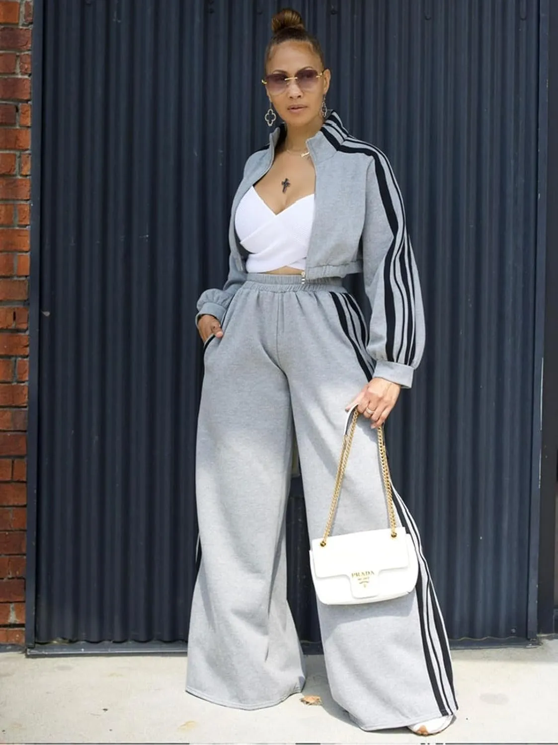 Angsuttc Sweatsuits Women 2 Piece Outfit Striped Tracksuit Long Sleeve Cropped Jacket and Wide Leg Pants Set