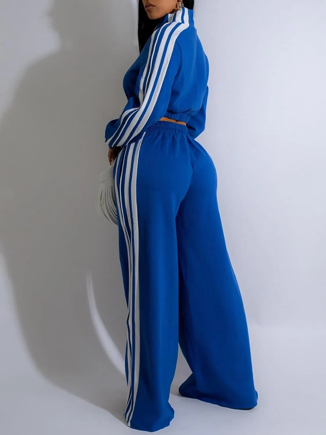 Angsuttc Sweatsuits Women 2 Piece Outfit Striped Tracksuit Long Sleeve Cropped Jacket and Wide Leg Pants Set