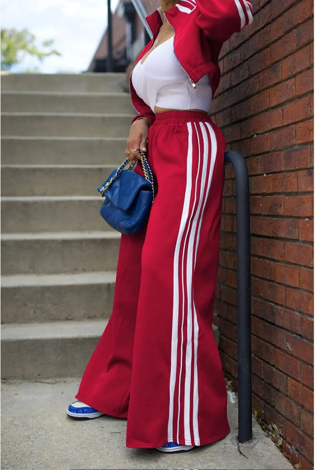 Angsuttc Sweatsuits Women 2 Piece Outfit Striped Tracksuit Long Sleeve Cropped Jacket and Wide Leg Pants Set
