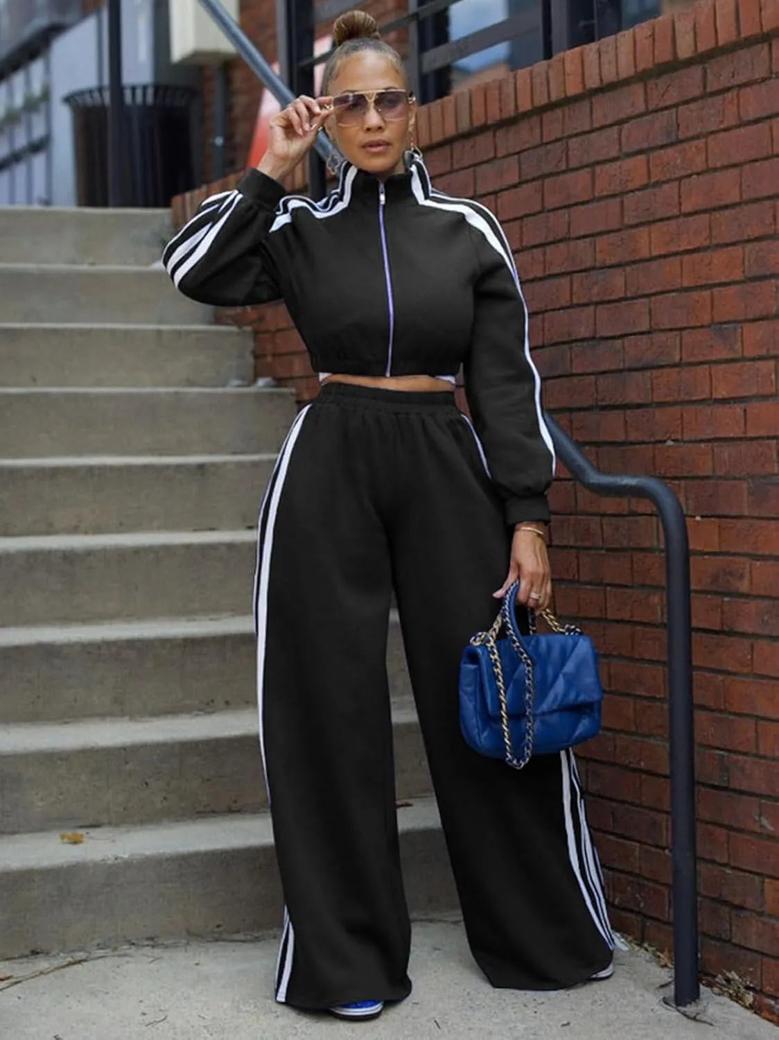 Angsuttc Sweatsuits Women 2 Piece Outfit Striped Tracksuit Long Sleeve Cropped Jacket and Wide Leg Pants Set