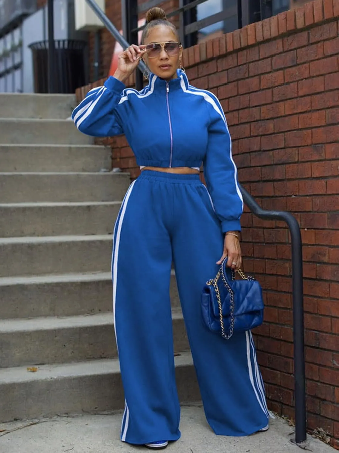 Angsuttc Sweatsuits Women 2 Piece Outfit Striped Tracksuit Long Sleeve Cropped Jacket and Wide Leg Pants Set