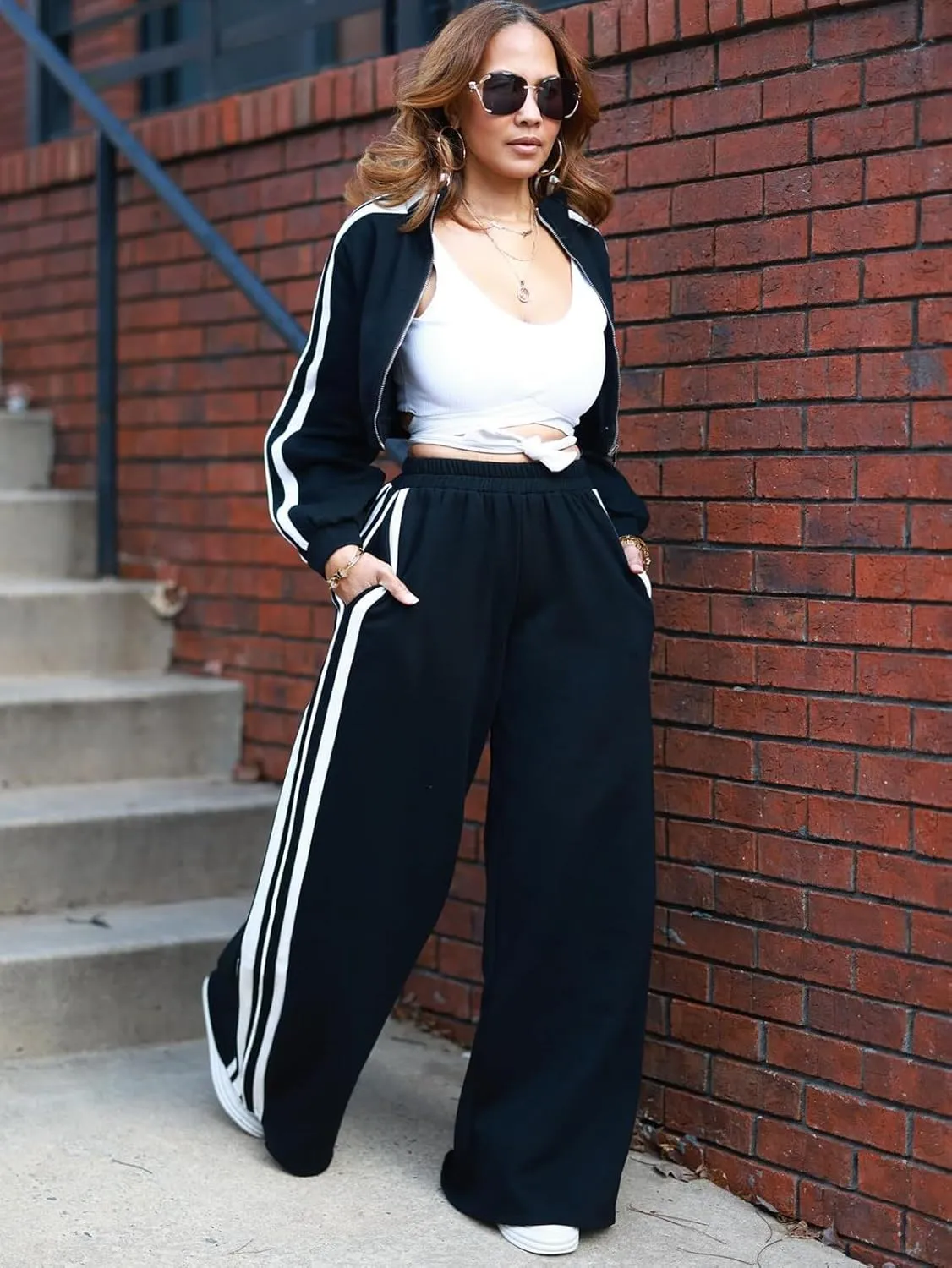 Angsuttc Sweatsuits Women 2 Piece Outfit Striped Tracksuit Long Sleeve Cropped Jacket and Wide Leg Pants Set