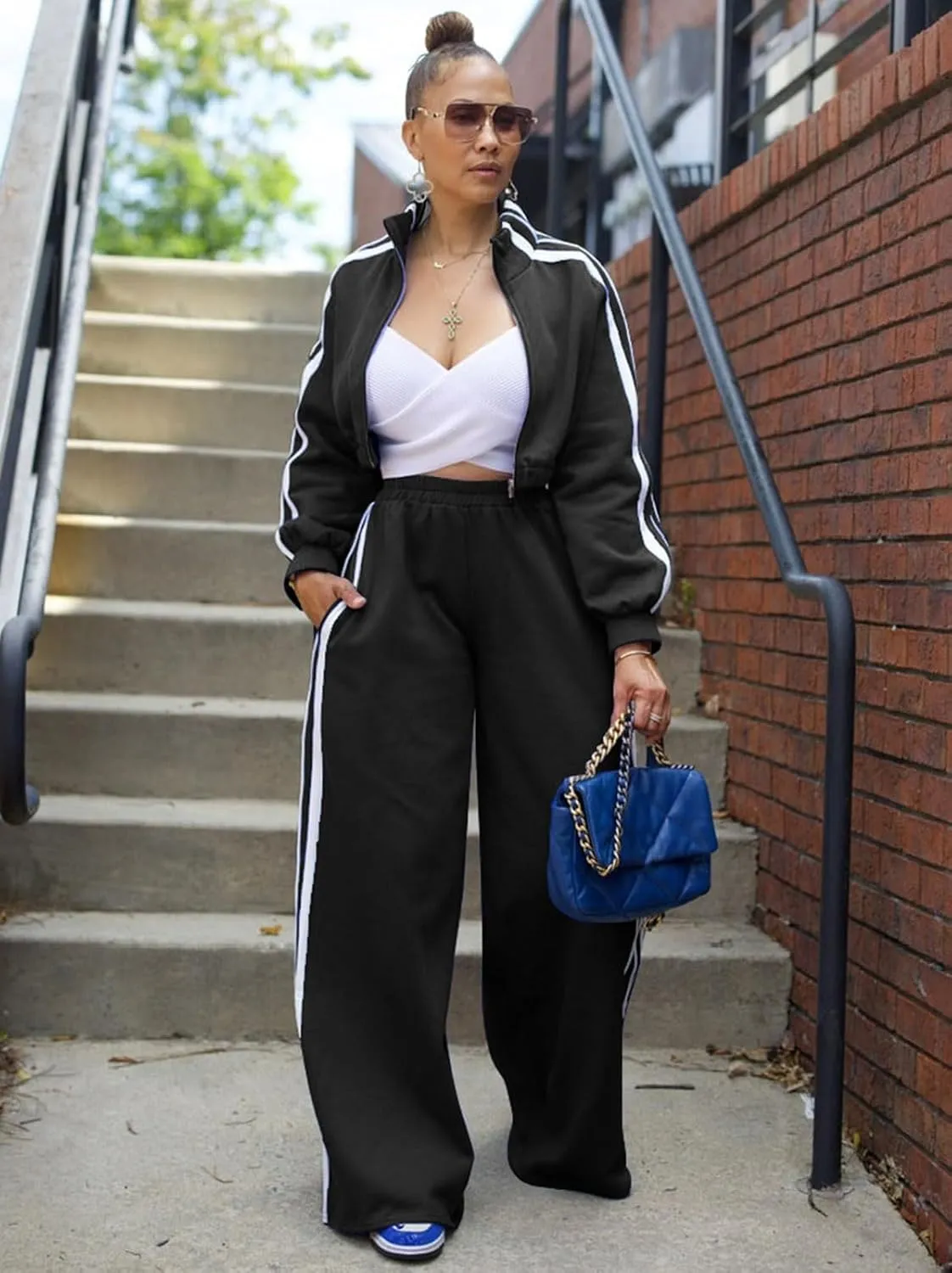 Angsuttc Sweatsuits Women 2 Piece Outfit Striped Tracksuit Long Sleeve Cropped Jacket and Wide Leg Pants Set