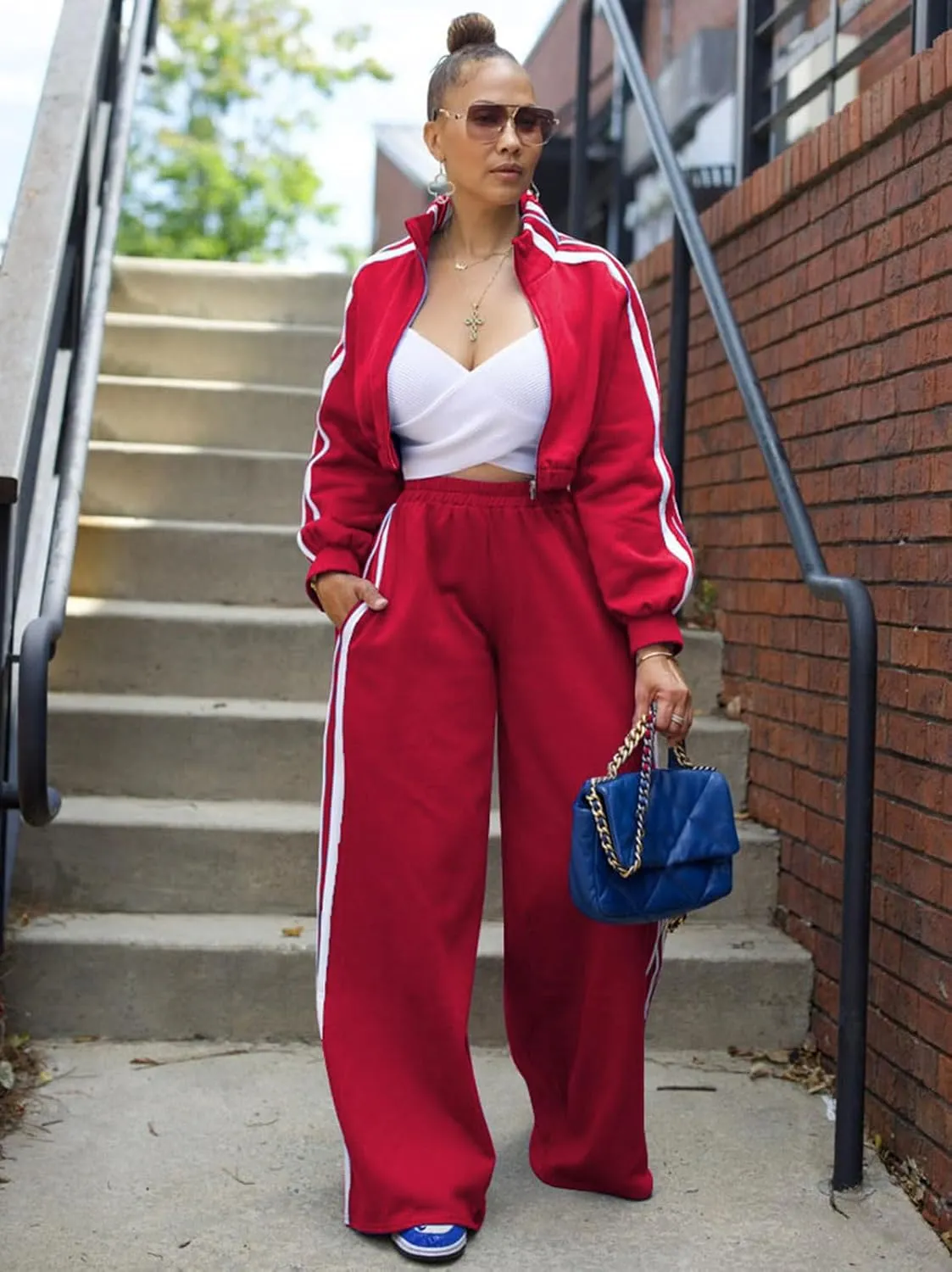 Angsuttc Sweatsuits Women 2 Piece Outfit Striped Tracksuit Long Sleeve Cropped Jacket and Wide Leg Pants Set