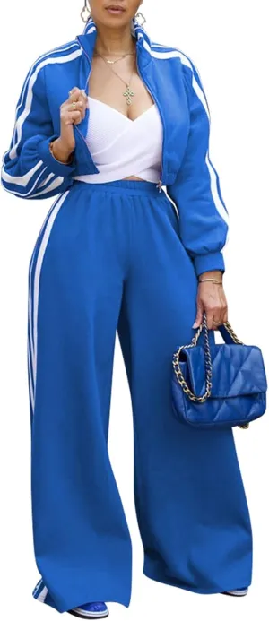 Angsuttc Sweatsuits Women 2 Piece Outfit Striped Tracksuit Long Sleeve Cropped Jacket and Wide Leg Pants Set