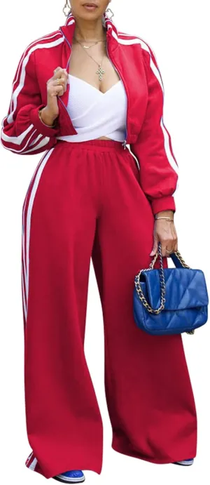 Angsuttc Sweatsuits Women 2 Piece Outfit Striped Tracksuit Long Sleeve Cropped Jacket and Wide Leg Pants Set