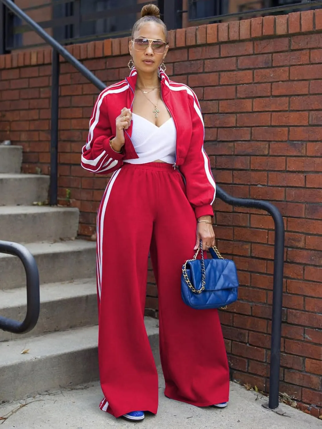 Angsuttc Sweatsuits Women 2 Piece Outfit Striped Tracksuit Long Sleeve Cropped Jacket and Wide Leg Pants Set