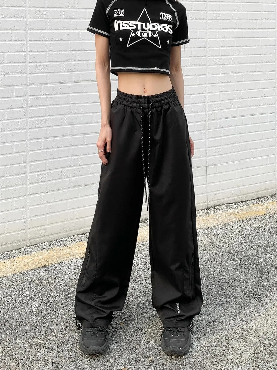 Baggy Cargo Pants for Women Elastic Waist Y2K Parachute Track Pants Trendy Casual Sports Wide Leg with Pockets