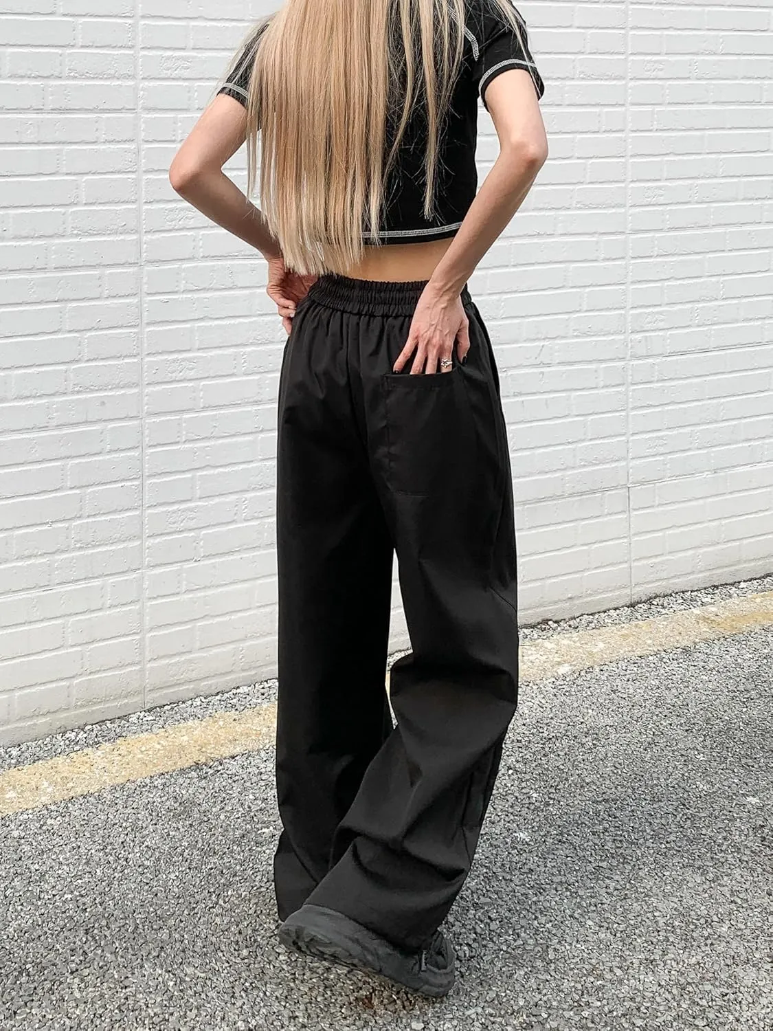 Baggy Cargo Pants for Women Elastic Waist Y2K Parachute Track Pants Trendy Casual Sports Wide Leg with Pockets