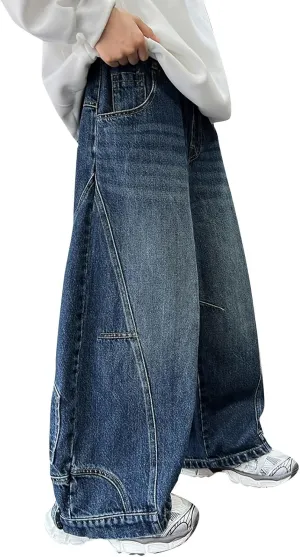 Boy's Hole Straight Leg Jeans, Loose Denim Pants with Pockets, Vintage Wide Leg Loose Jeans, Elastic Waist Casual Pants