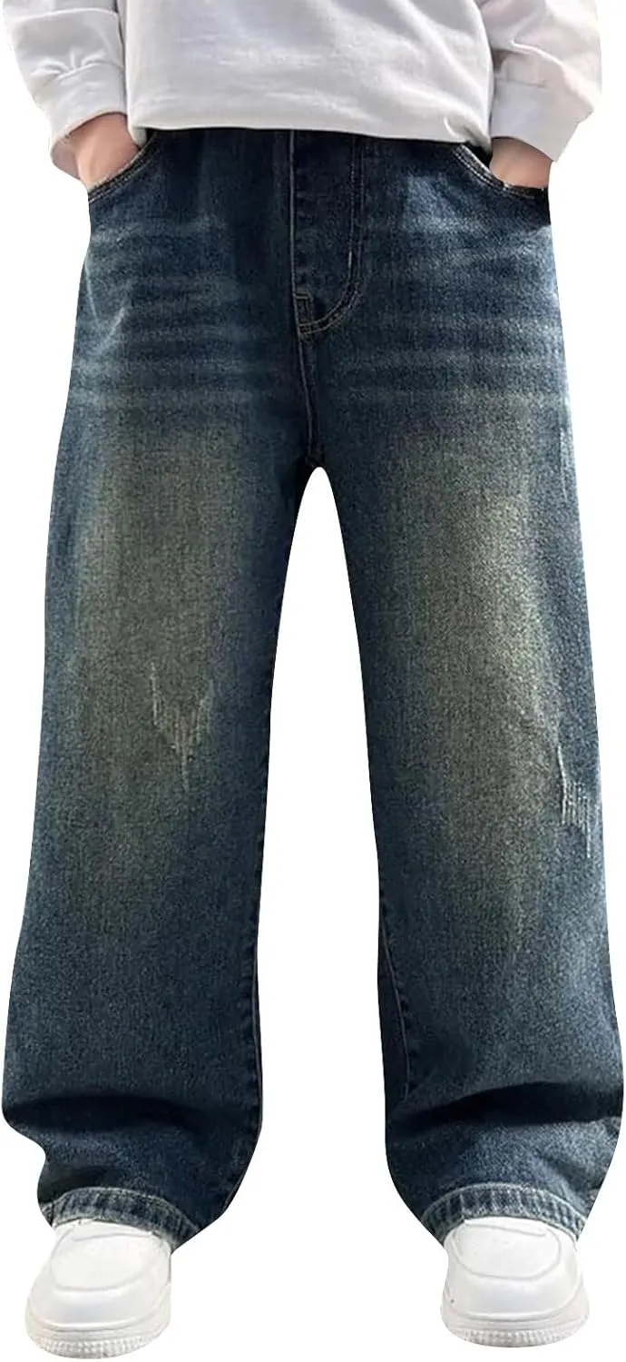 Boy's Hole Straight Leg Jeans, Loose Denim Pants with Pockets, Vintage Wide Leg Loose Jeans, Elastic Waist Casual Pants