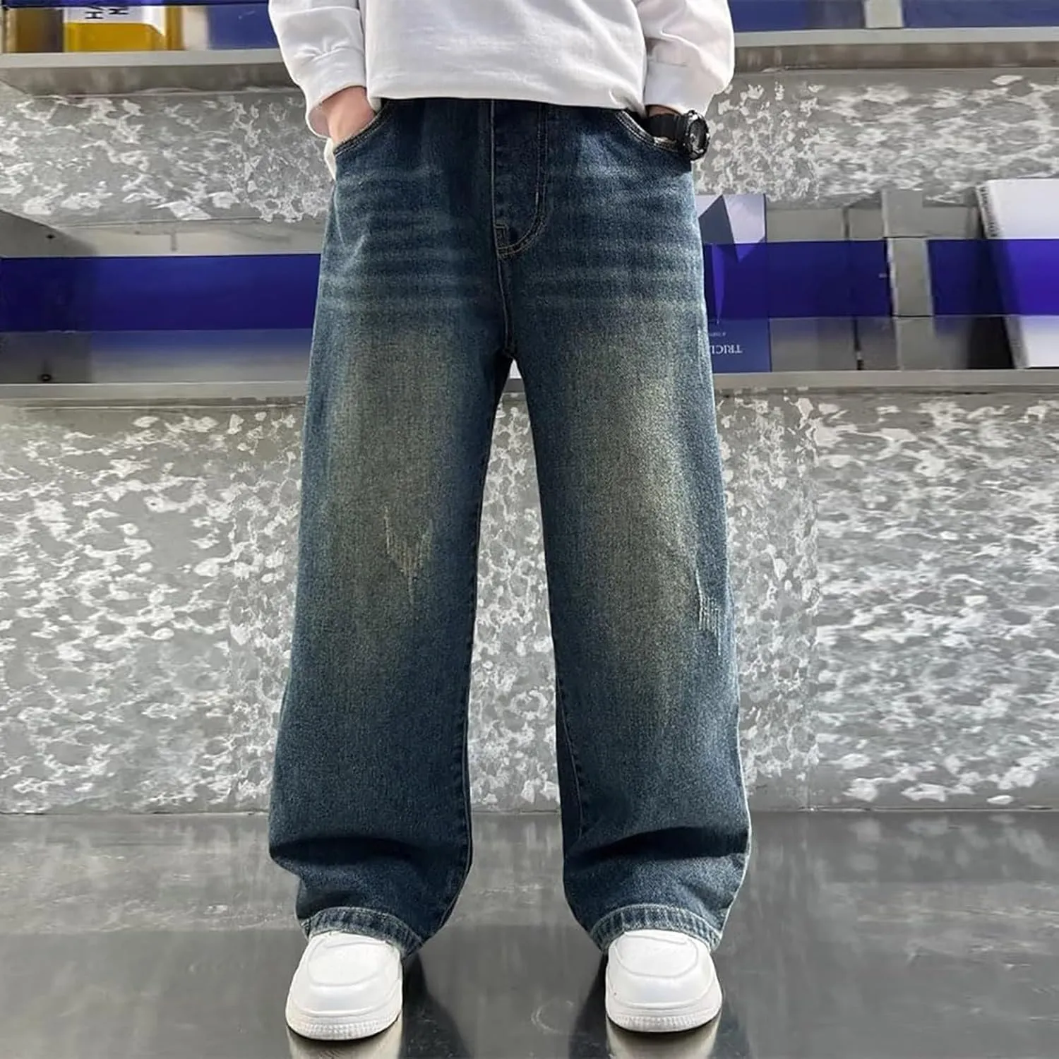 Boy's Hole Straight Leg Jeans, Loose Denim Pants with Pockets, Vintage Wide Leg Loose Jeans, Elastic Waist Casual Pants