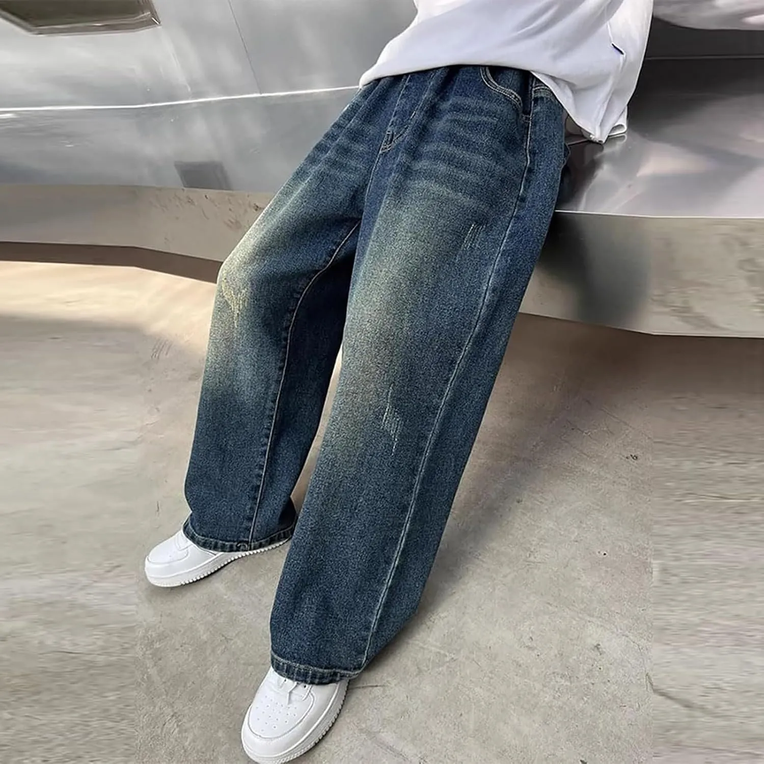 Boy's Hole Straight Leg Jeans, Loose Denim Pants with Pockets, Vintage Wide Leg Loose Jeans, Elastic Waist Casual Pants