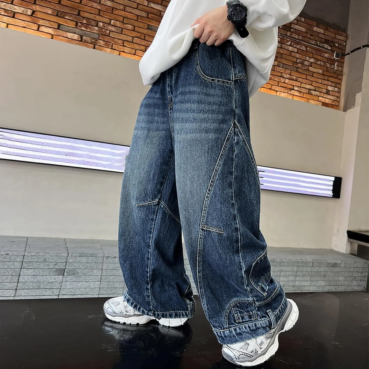 Boy's Hole Straight Leg Jeans, Loose Denim Pants with Pockets, Vintage Wide Leg Loose Jeans, Elastic Waist Casual Pants