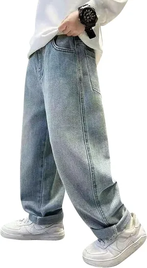 Boy's Hole Straight Leg Jeans, Loose Denim Pants with Pockets, Vintage Wide Leg Loose Jeans, Elastic Waist Casual Pants