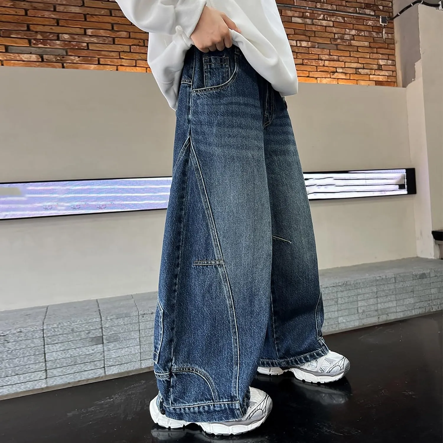 Boy's Hole Straight Leg Jeans, Loose Denim Pants with Pockets, Vintage Wide Leg Loose Jeans, Elastic Waist Casual Pants