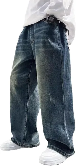 Boy's Hole Straight Leg Jeans, Loose Denim Pants with Pockets, Vintage Wide Leg Loose Jeans, Elastic Waist Casual Pants