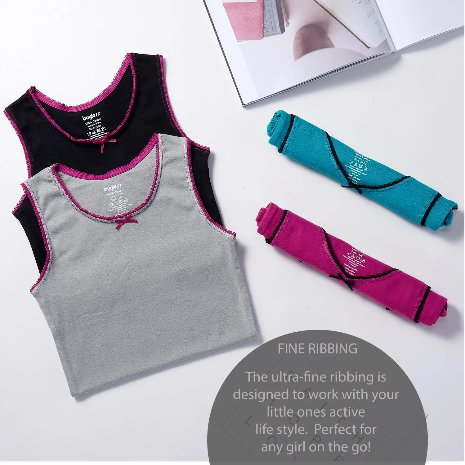 Buyless Fashion Girls Tank Tops - Sleeveless Cami Tanks Cotton Undershirts for Dance Gymnastics, Kids & Toddler Size (6 Pack)