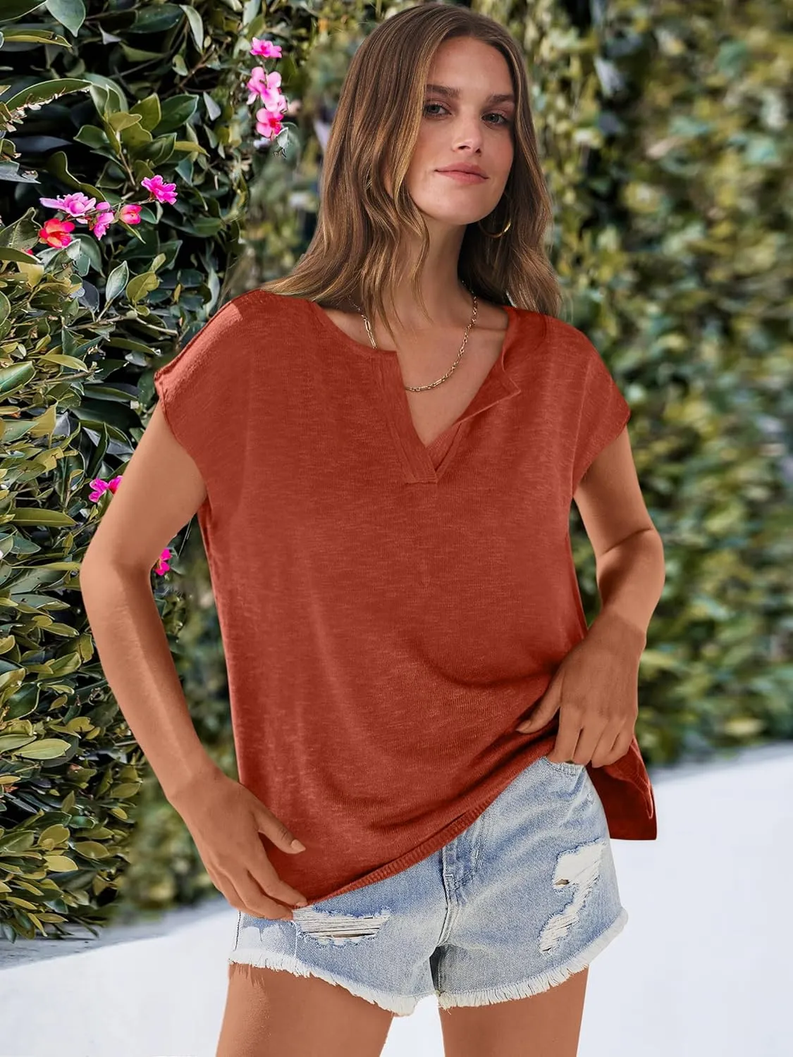 Caracilia Womens Sweater Tops Summer Casual V Neck Cap Sleeve Vests Loose Lightweight Side Slit Hem Shirts 2025 Blouse