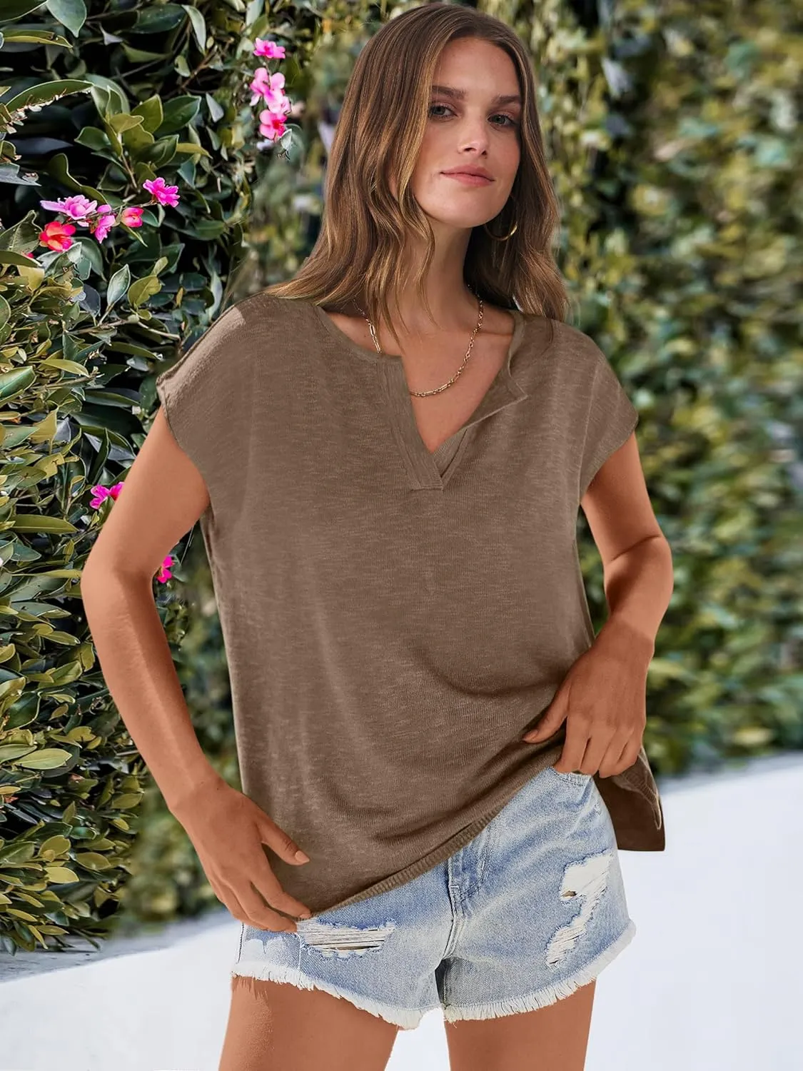 Caracilia Womens Sweater Tops Summer Casual V Neck Cap Sleeve Vests Loose Lightweight Side Slit Hem Shirts 2025 Blouse