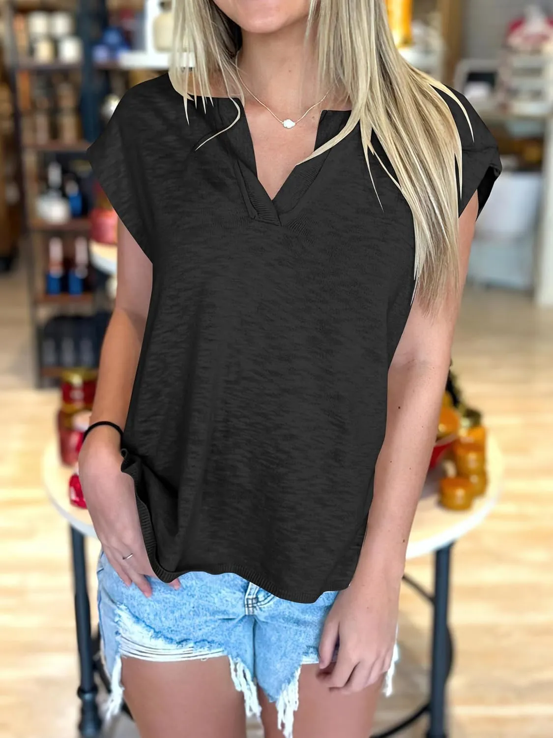 Caracilia Womens Sweater Tops Summer Casual V Neck Cap Sleeve Vests Loose Lightweight Side Slit Hem Shirts 2025 Blouse