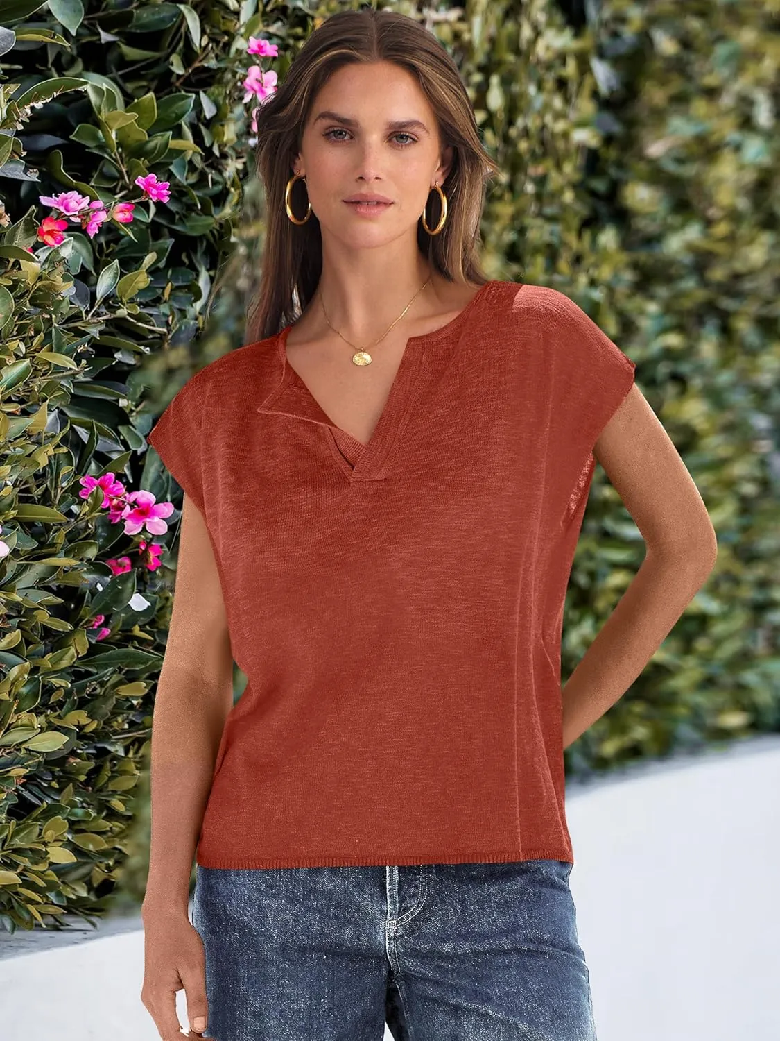 Caracilia Womens Sweater Tops Summer Casual V Neck Cap Sleeve Vests Loose Lightweight Side Slit Hem Shirts 2025 Blouse