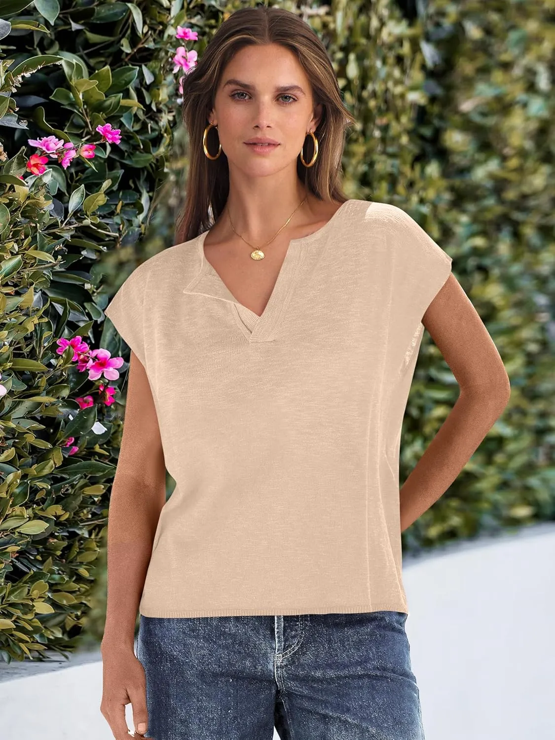 Caracilia Womens Sweater Tops Summer Casual V Neck Cap Sleeve Vests Loose Lightweight Side Slit Hem Shirts 2025 Blouse
