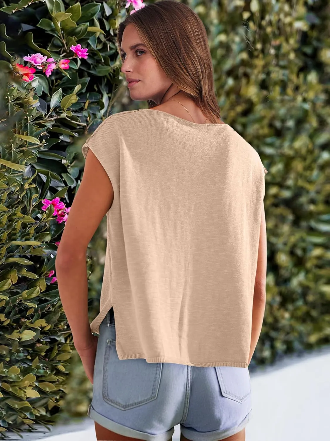 Caracilia Womens Sweater Tops Summer Casual V Neck Cap Sleeve Vests Loose Lightweight Side Slit Hem Shirts 2025 Blouse
