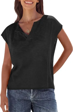 Caracilia Womens Sweater Tops Summer Casual V Neck Cap Sleeve Vests Loose Lightweight Side Slit Hem Shirts 2025 Blouse