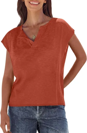 Caracilia Womens Sweater Tops Summer Casual V Neck Cap Sleeve Vests Loose Lightweight Side Slit Hem Shirts 2025 Blouse