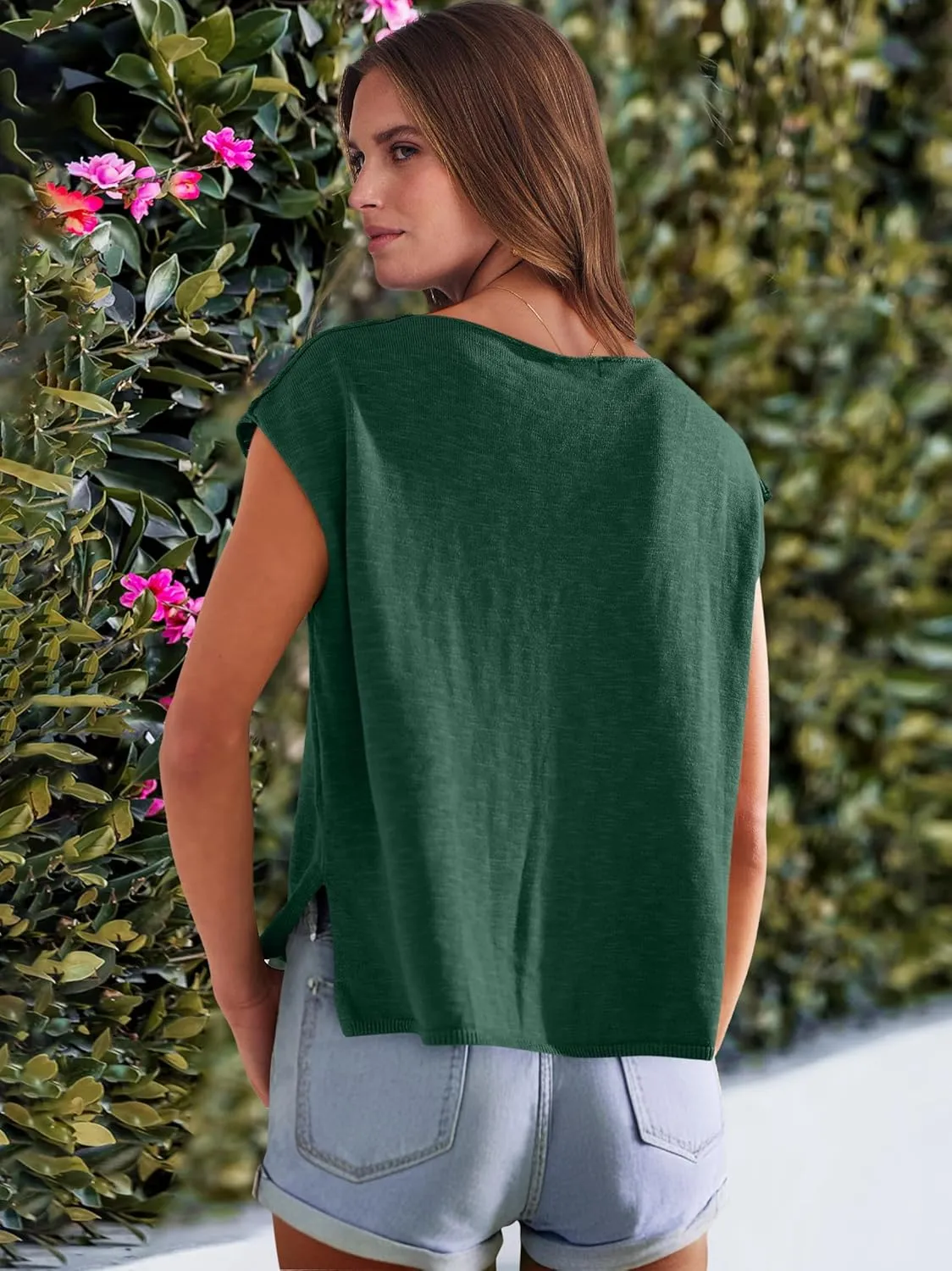 Caracilia Womens Sweater Tops Summer Casual V Neck Cap Sleeve Vests Loose Lightweight Side Slit Hem Shirts 2025 Blouse