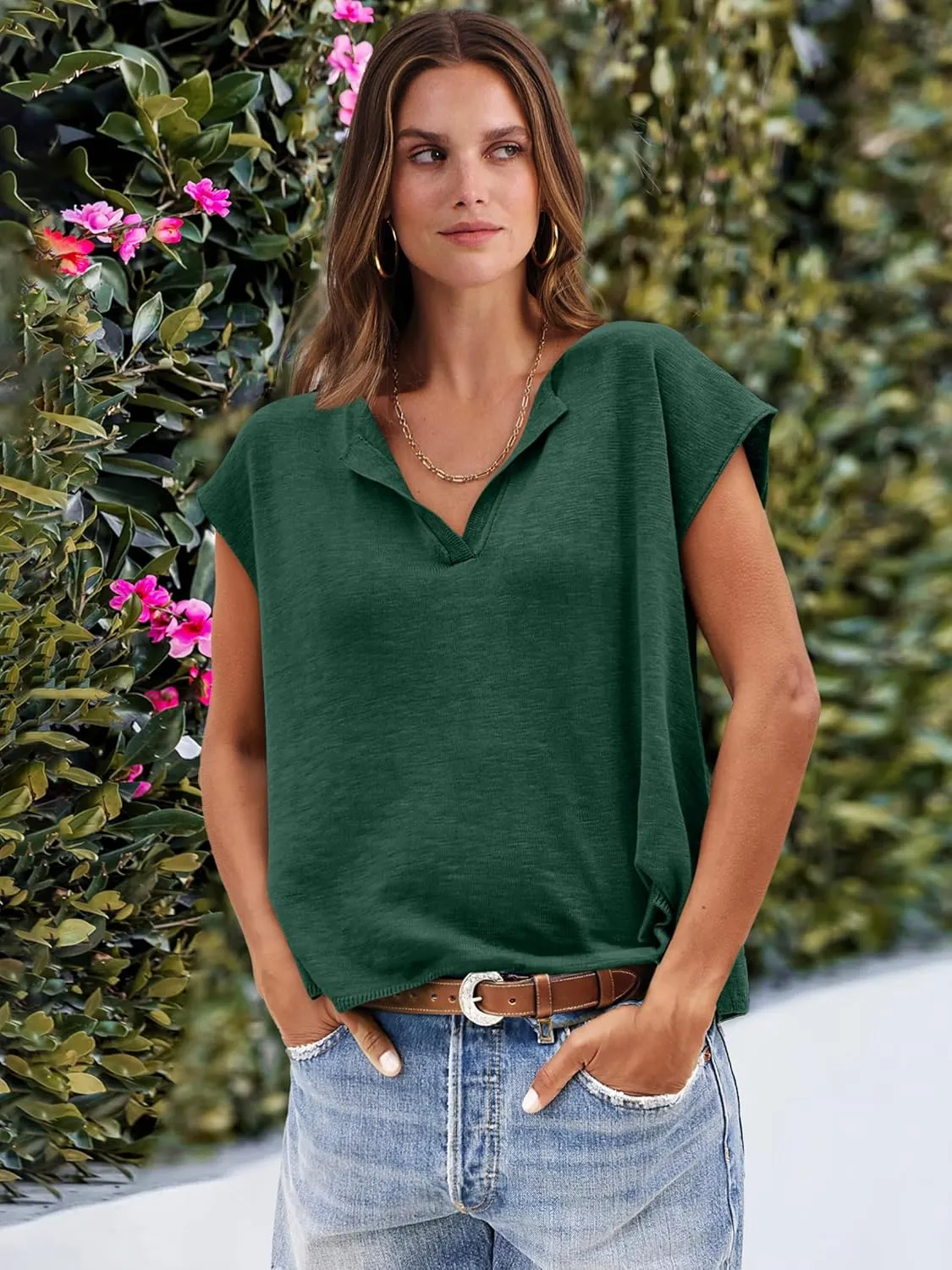Caracilia Womens Sweater Tops Summer Casual V Neck Cap Sleeve Vests Loose Lightweight Side Slit Hem Shirts 2025 Blouse