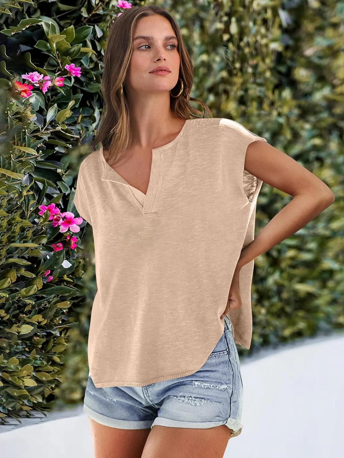 Caracilia Womens Sweater Tops Summer Casual V Neck Cap Sleeve Vests Loose Lightweight Side Slit Hem Shirts 2025 Blouse