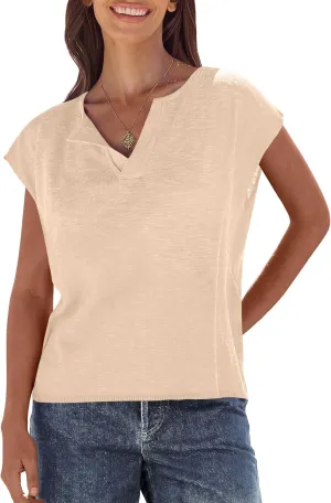 Caracilia Womens Sweater Tops Summer Casual V Neck Cap Sleeve Vests Loose Lightweight Side Slit Hem Shirts 2025 Blouse