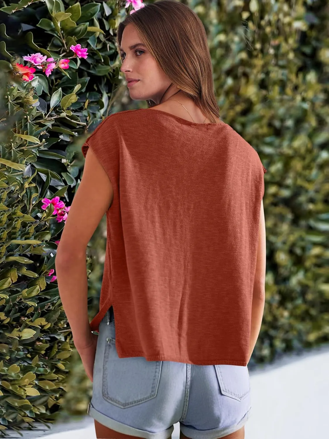 Caracilia Womens Sweater Tops Summer Casual V Neck Cap Sleeve Vests Loose Lightweight Side Slit Hem Shirts 2025 Blouse