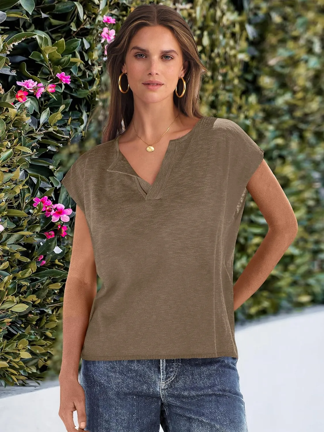 Caracilia Womens Sweater Tops Summer Casual V Neck Cap Sleeve Vests Loose Lightweight Side Slit Hem Shirts 2025 Blouse