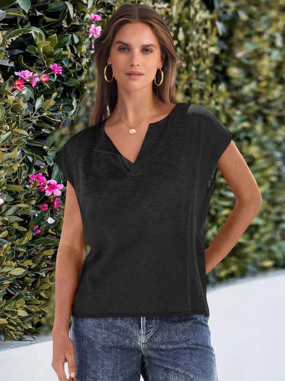 Caracilia Womens Sweater Tops Summer Casual V Neck Cap Sleeve Vests Loose Lightweight Side Slit Hem Shirts 2025 Blouse